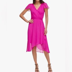 DKNY Womens Flutter Sleeve Surplice Tie Fit & Flare Midi Dress - Power Pink